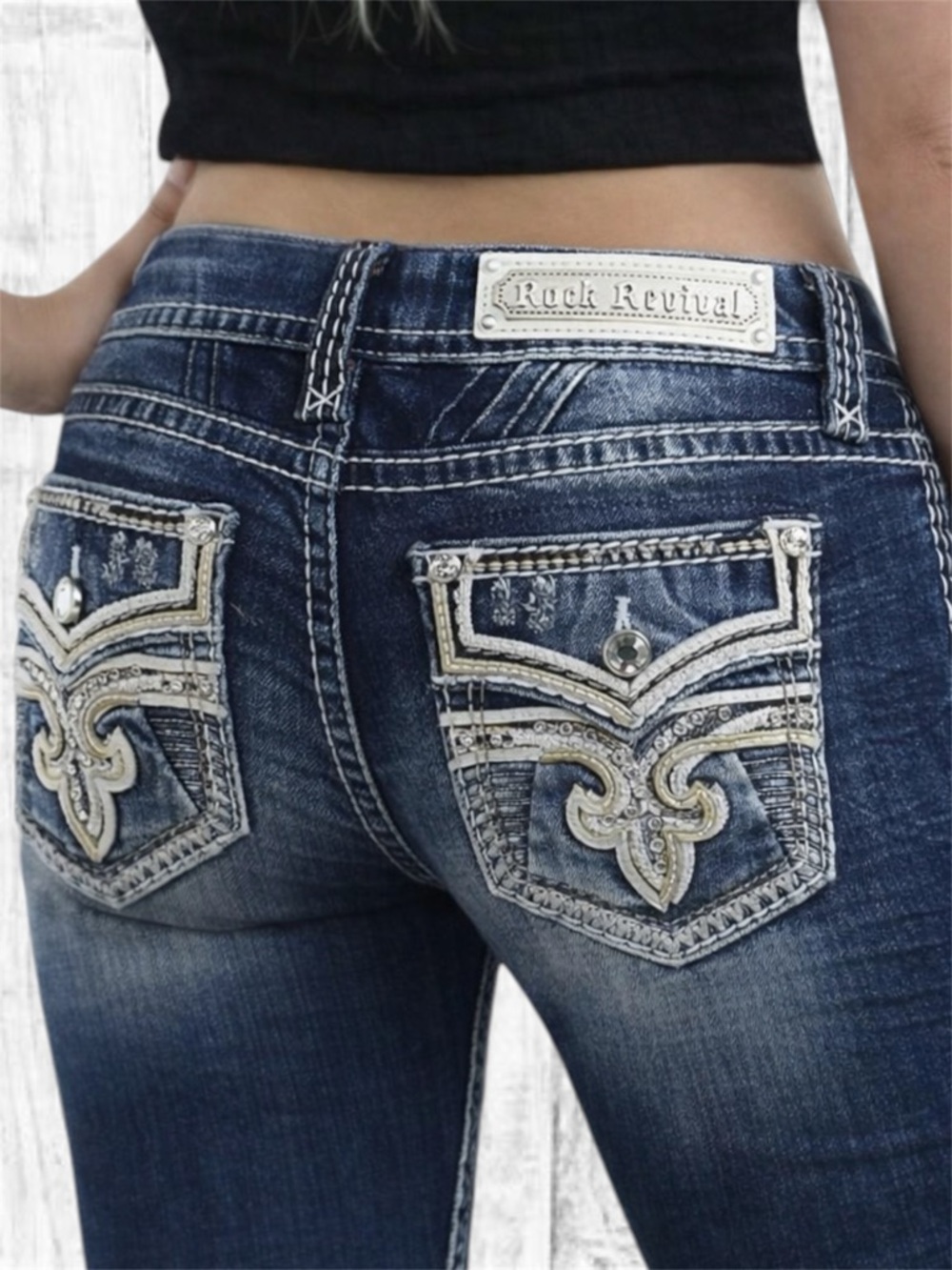 Rock Revival Rosebloom Blue Jeans 29 Straight Low Rise Rhinestone Dark Wash NWT